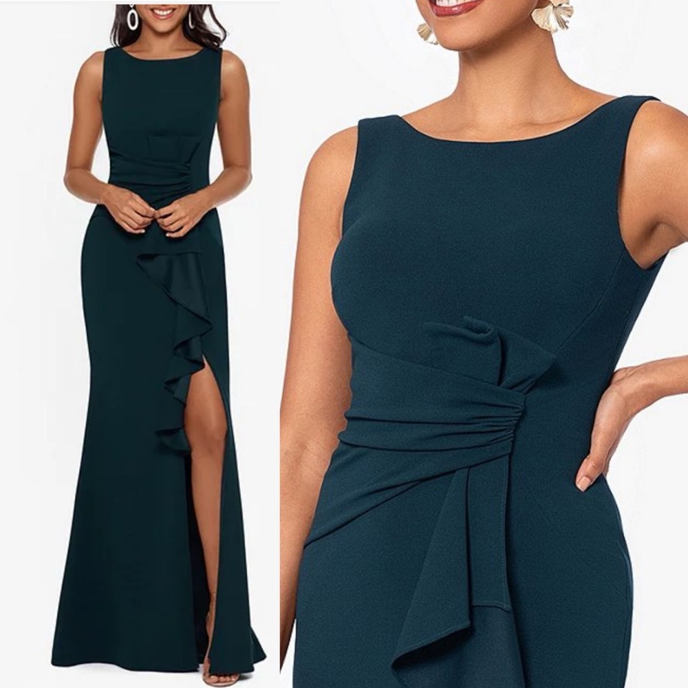 Betsy & Adam Scuba Crepe Boat Neck 
Cascading Ruffle Gown Size 8 pine green